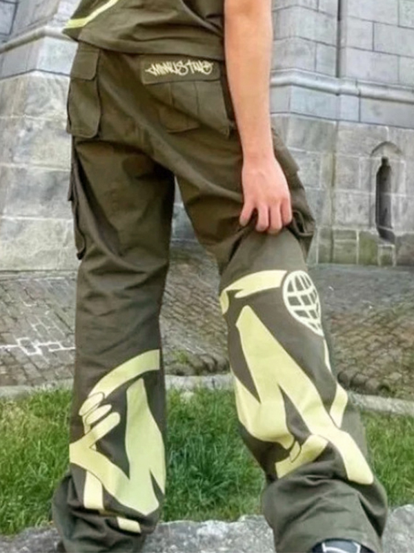 Pantalones anchos con cordón y múltiples bolsillos con estampado de letras para hombre-2