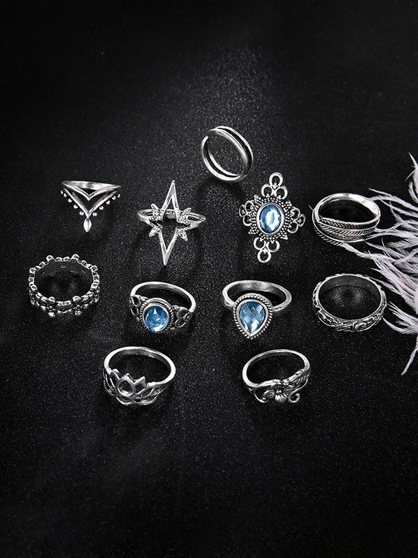 Juego de anillos de patrón mixto vintage de 11 piezas-2