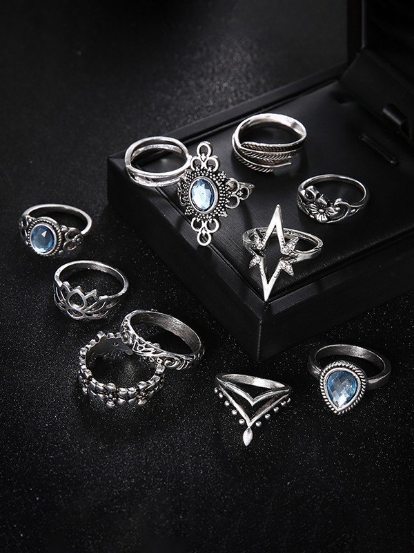 Juego de anillos de patrón mixto vintage de 11 piezas-1