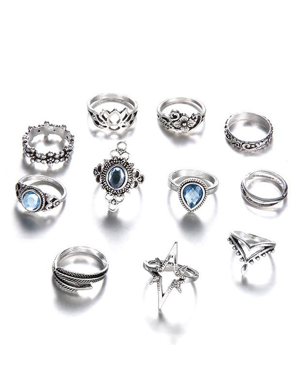 Juego de anillos de patrón mixto vintage de 11 piezas-3